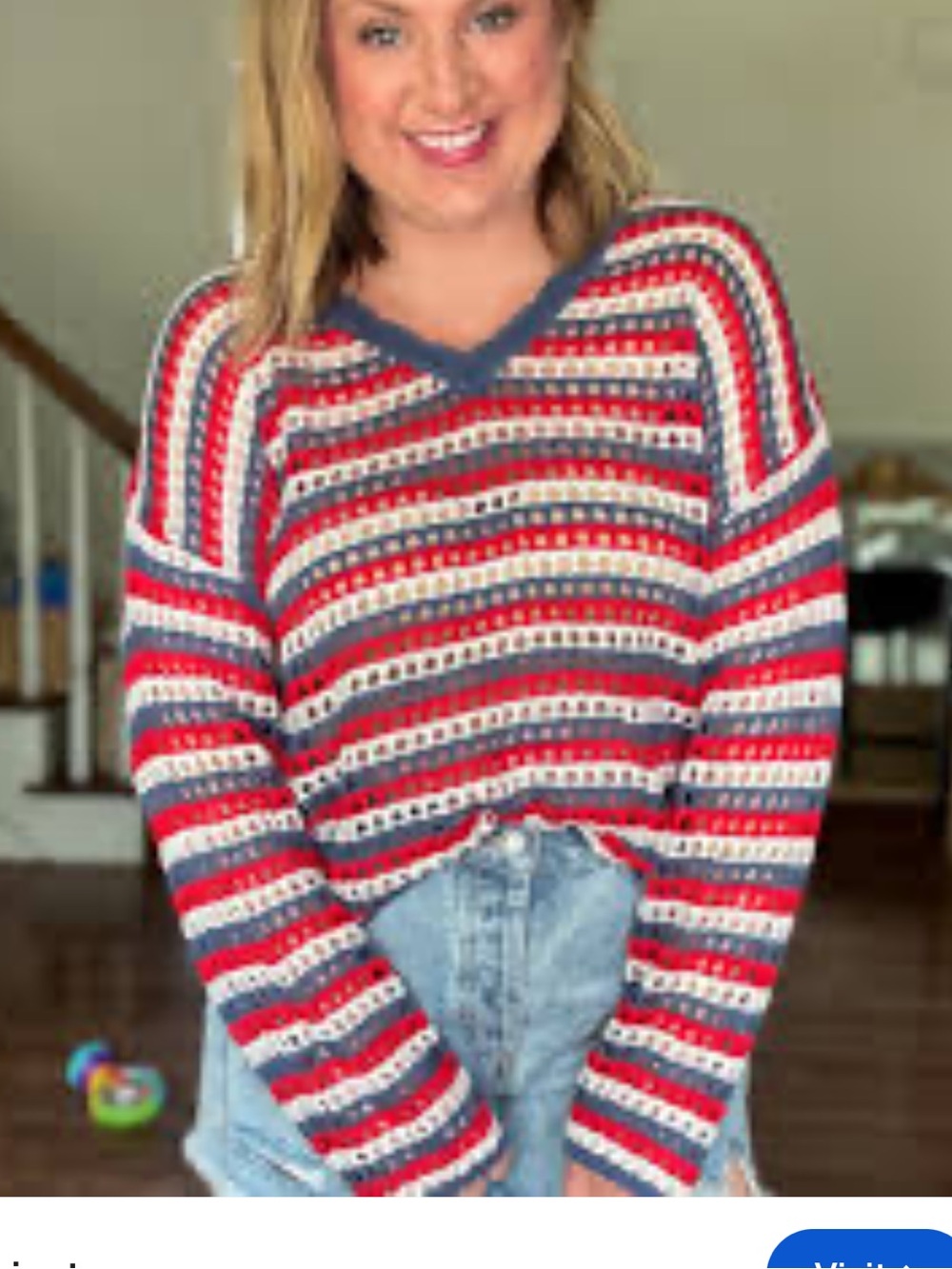 Pink Lily Striped V-Neck Open Knit Sweater - Red, Navy & White Patriotic Medium